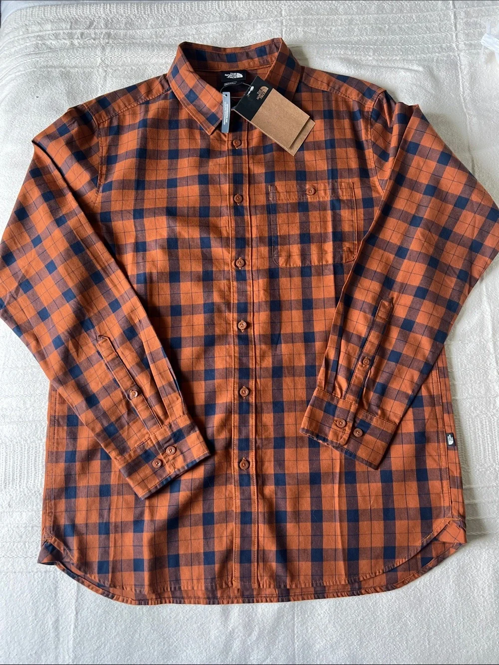 The North Face Orange and Navy Plaid Long-Sleeve Button-Down Shirt